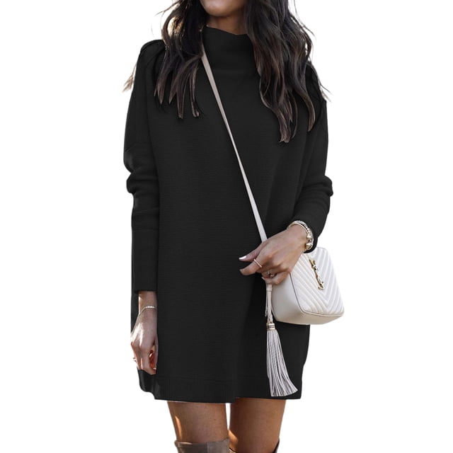 Innerwin Robe Chandail à Col Rond pour Femme, Robe Chandail d'Hiver à Manches Longues, Mini-Robe Épaisse Noire TG. une Mini-Robe Chandail Noire en Tricot Épais avec Manches Longues et Encolure Ras du Cou, Fabriquée en Matériau polyester Doux. Conçue avec un Sac Bandoulière Matelassé Blanc et des Bottes Hauteur Genou, Idéale pour l'Hiver et les occasions comme les Sorties Décontractées, les Fêtes Ou les Rendez-Vous.