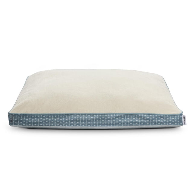 Vibrant Life Deluxe Gusset Pet Bed, Blue Diamond, rectangular dog bed measuring 42 by 32 inches with a soft cream sleeping surface and blue diamond-patterned gusseted sides, featuring a removable machine-washable cover and recycled fiberfill for comfort and support, ideal for large dogs up to 90 lbs.
