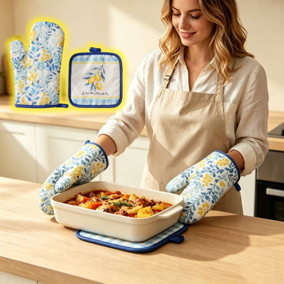 Oven Mitts and Pot Holders Set - Heat Resistant Kitchen Gloves for Baking Cooking and Grilling