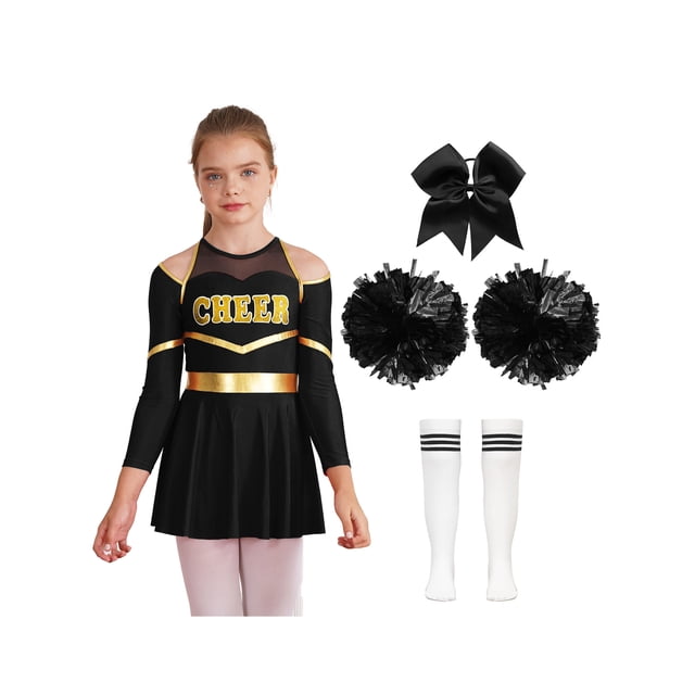 Mufeng Costume de Pom-Pom Girl pour Filles Enfants à Manches Longues Robe de Cheerleading avec Pompons Attache-Cheveux en Stock Costume de Performance Tenue de Danse A Blanc&Noir 12