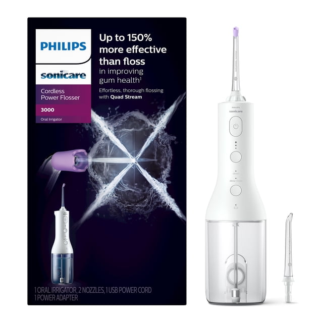 Philips Sonicare Cordless Power Flosser 3000 oral irrigator in white with clear water reservoir and two detachable nozzles, featuring Quad Stream technology that creates four water streams for up to 150% more effective gum cleaning than floss, designed for thorough interdental and gum line cleaning with pulse wave technology for gentle water pulses.