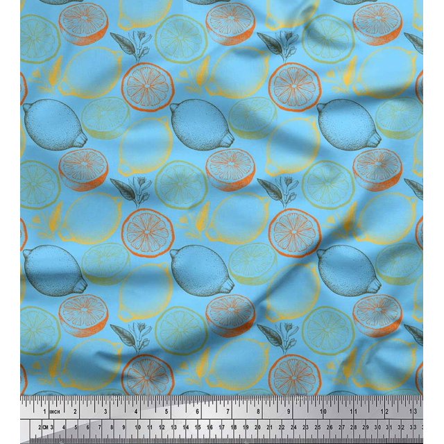 Soimoi Blue polyester Crepe Fabric Lemon Slice Vegetable Printed Craft Fabric by the Yard 52 Inch Wide