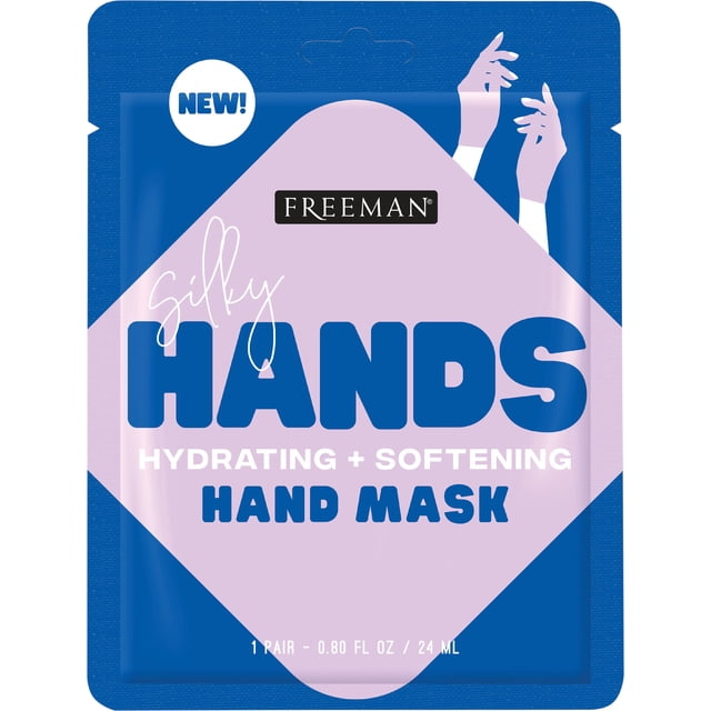Freeman Silky Hands Sheet Mask, 24 mL, hydrating and softening hand care product in a blue and lavender packet with stylized hand illustrations, formulated with coconut oil and rose extract to moisturize and soothe skin, suitable for all hand sizes and ideal for maintaining smooth, healthy hands.