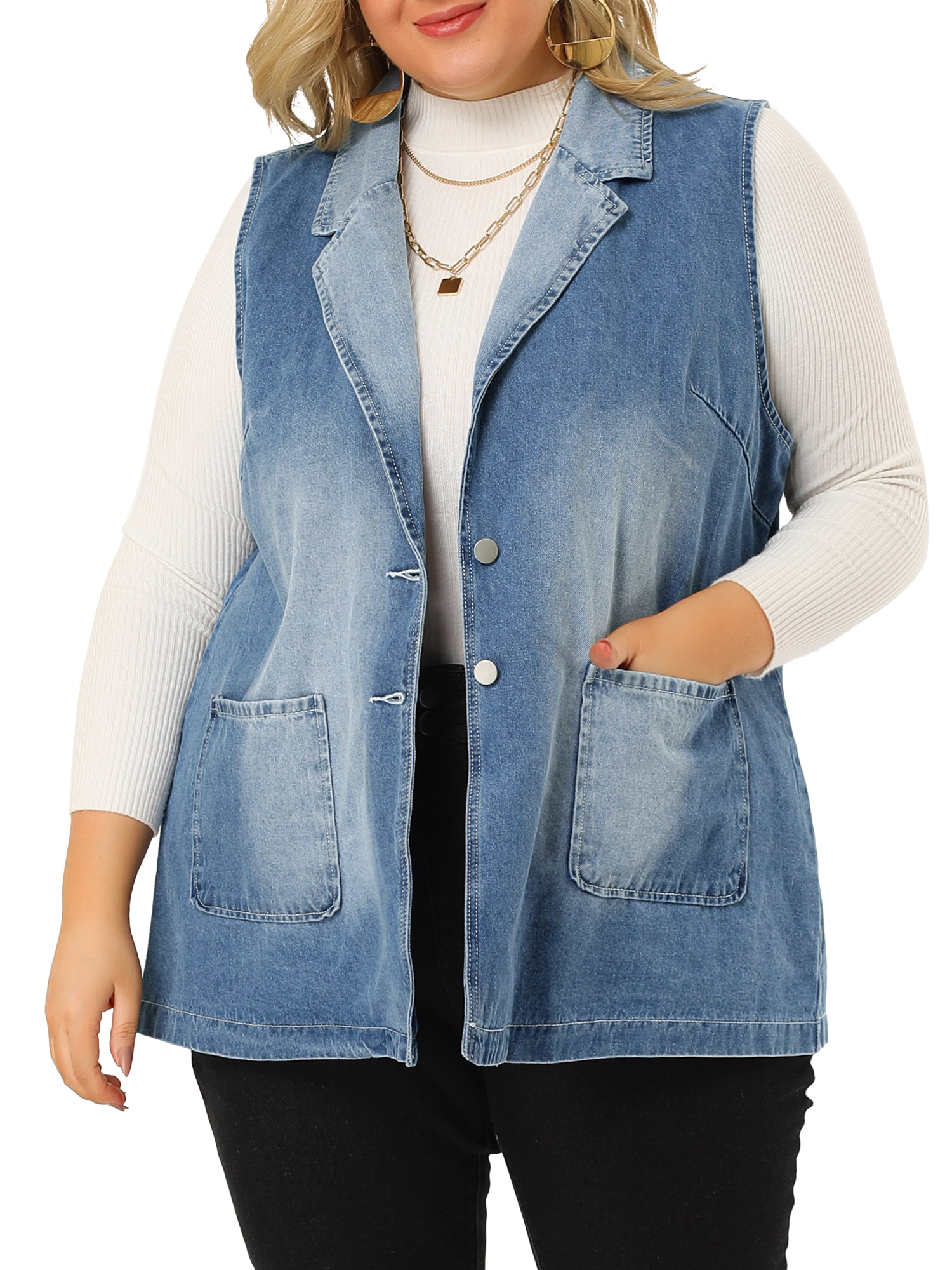 GRACE & GRANDEUR Veste Sans Manches en Denim pour Femmes Grande Taille de Printemps avec Poches