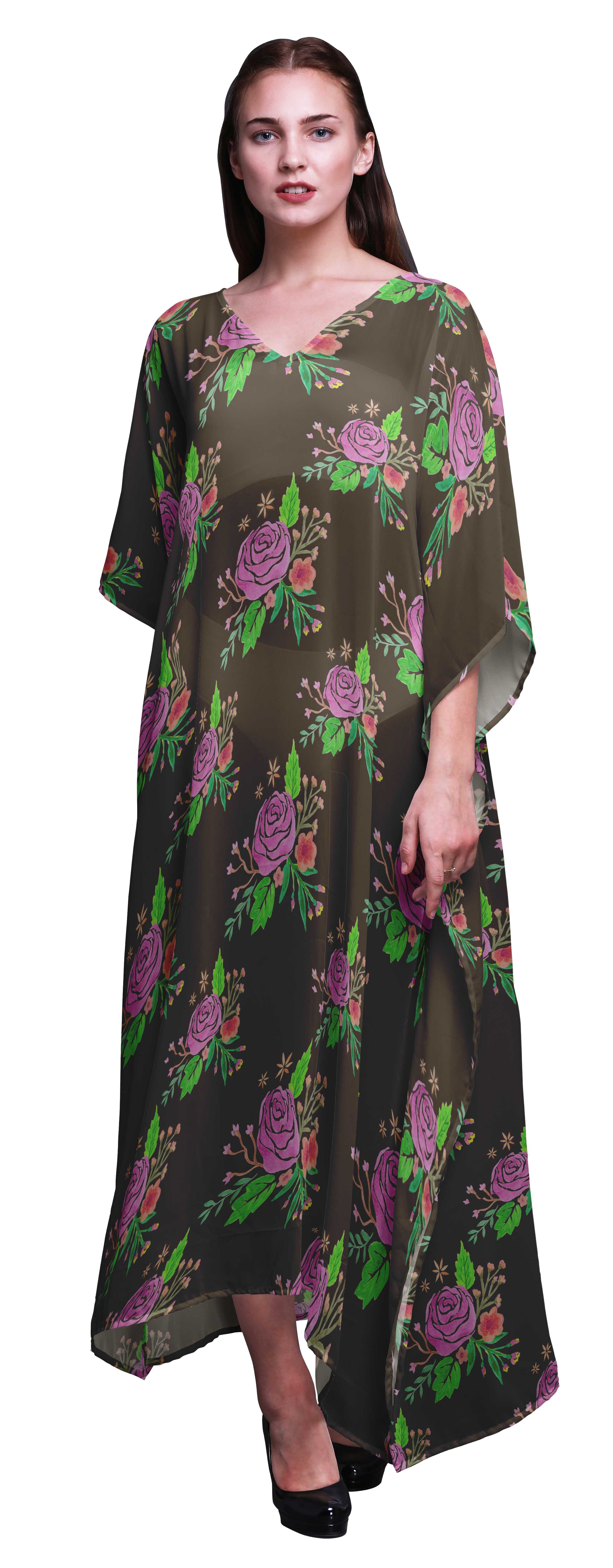 Bimba Kaftan de Plage Floral, Paréo de Bikini, Robe Maxi pour Femmes, Long Caftan-S-L