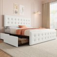 thumbnail image 1 of King Size Bed Frame with 4 Storage Drawers, Upholstered Platform Bed Frame with Adjustable Headboard, Wooden Slats Support, Button Tufted Design, No Box Spring Needed - Beige, 1 of 8