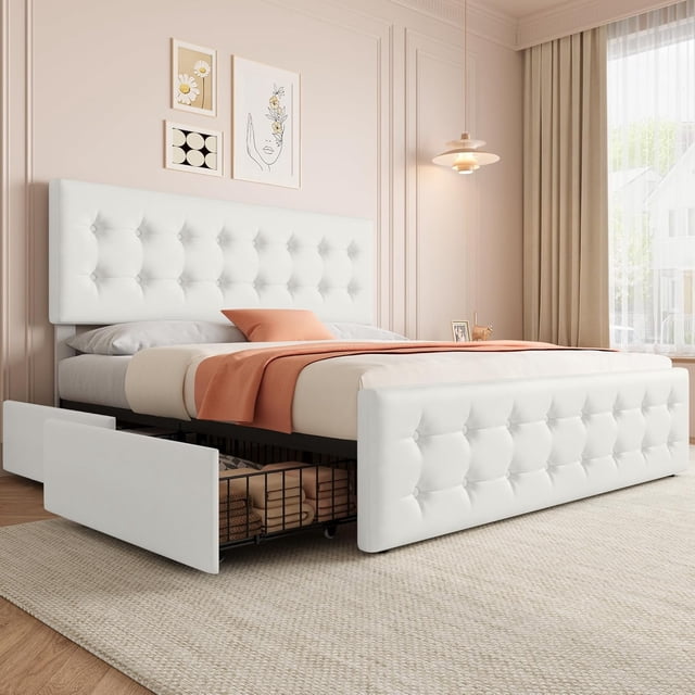 King Size Bed Frame with 4 Storage Drawers, Upholstered Platform Bed Frame with Adjustable Headboard, Wooden Slats Support, Button Tufted Design, No Box Spring Needed - Beige