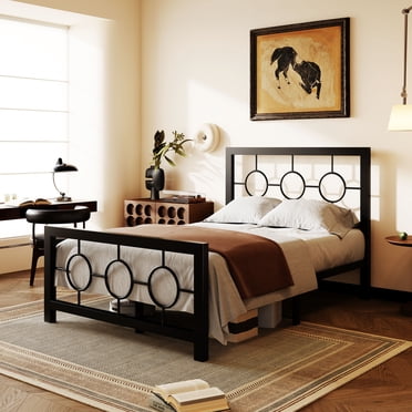 Amolife Black Twin Size Metal Platform Bed Frame with Circular Vintage Headboard & Footboard