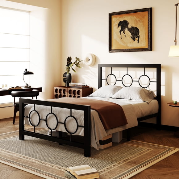 Amolife Black Twin Size Metal Platform Bed Frame with Circular Vintage Headboard & Footboard