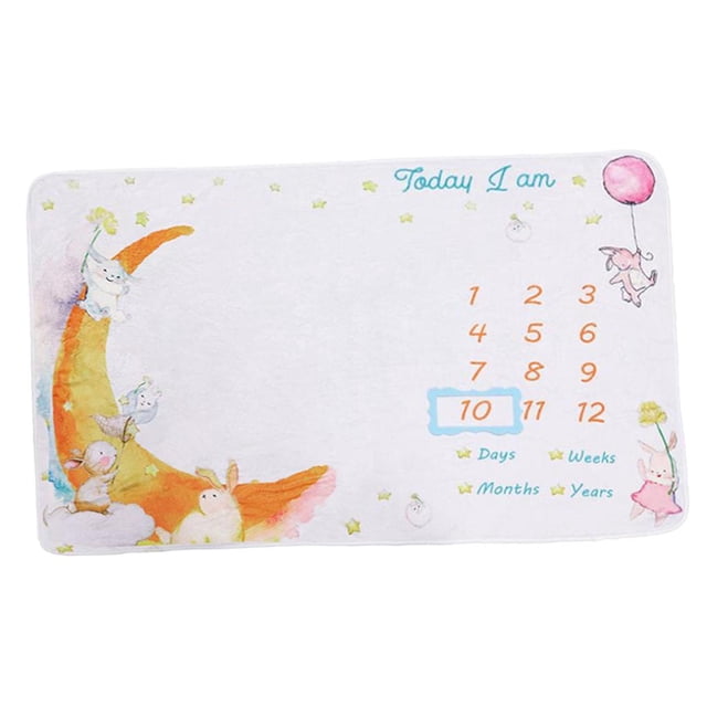 Baby Milest Blanket Gift Nursery A Style D made of soft flannel with a moon pattern design. The blanket measures 70x100cm (27.56x39.3in) and features colorful decorations including stars, animals, and a calendar layout for tracking monthly milestones. Perfect for baby photography, growth tracking, and nursery decor.