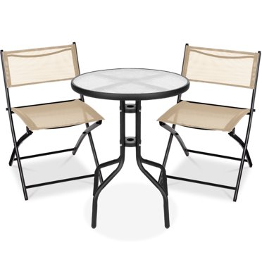 Best Choice Products 3-Piece Patio Bistro Dining Furniture Set w/ Glass Tabletop, Folding Chairs - Beige