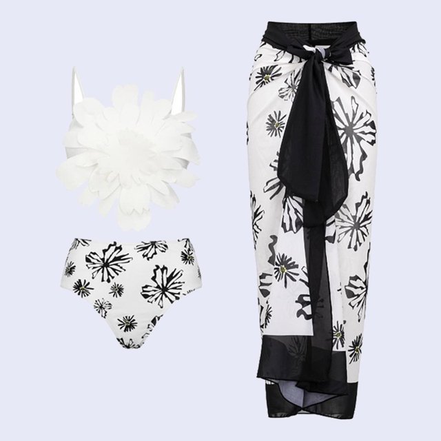 Maillot de Bain une Pièce pour Femmes avec Jupe de Plage, Paréo, Imprimé Floral Rétro, Ensemble Bikini Deux Pièces