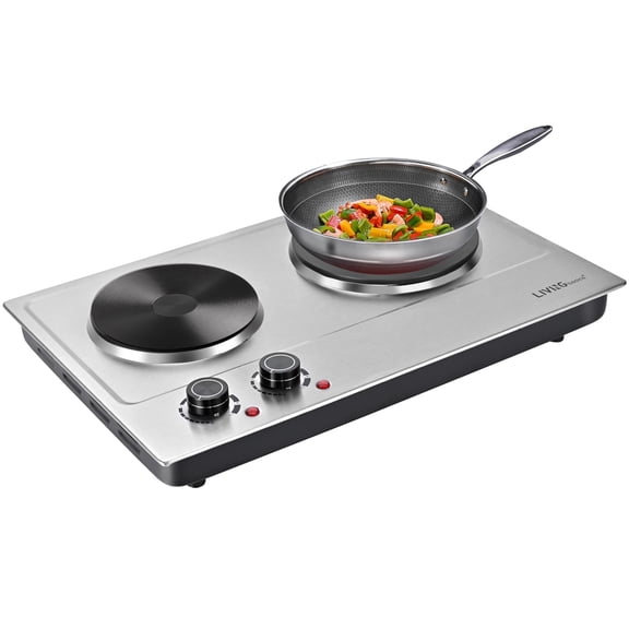 Plaque Chauffante Double 1800 W, Table de Cuisson Électrique avec Brûleurs en Fonte pour Tous Types de Batteries de Cuisine, Brûleur Intégré Ou de Comptoir, Acier Inoxydable