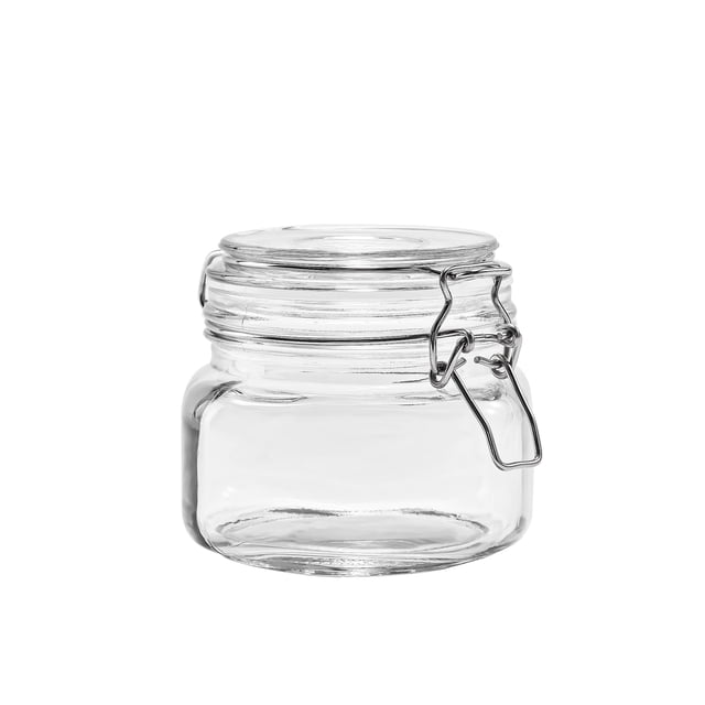 Mainstays Lock Lid Jar 17OZ one piece airtight canister; clear glass wide-mouth 17 oz jar with silicone-sealed lock lid and metal clasp, front-facing view showing transparent body for visible food storage and easy scooping. Suitable as a cookie or candy jar.