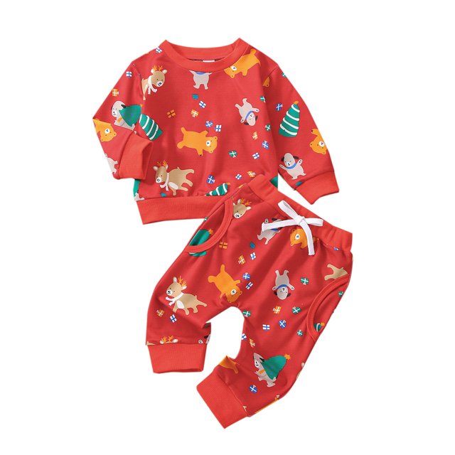 Wangsaura Infant Christmas Outfit, Elk Christmas Tree Print Tops + Pants