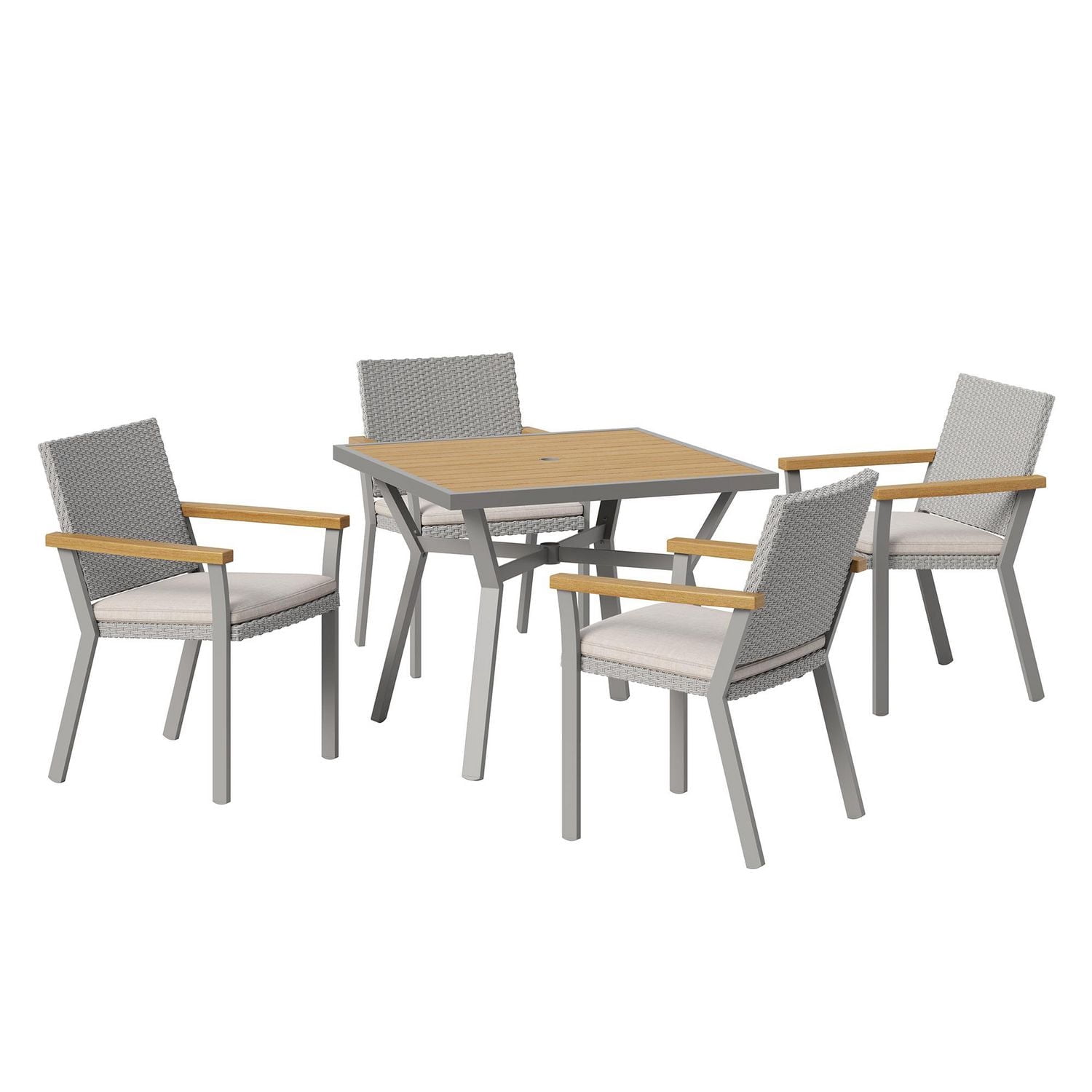 Songmics Home Sencillo Collection - 5 Piece Patio Furniture Set, 4 Dining Chairs, 1 Dining Table, Synthetic PE Rattan, Gray and Beige