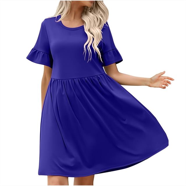 mtvxesu Young Adult Dresses, Women's Spring/Summer European And American Temperament Commuting Leisure Solid Color Ruffle Sleeves Round Neck Dress Short Sleeve Round Neck Knee Length Dress
