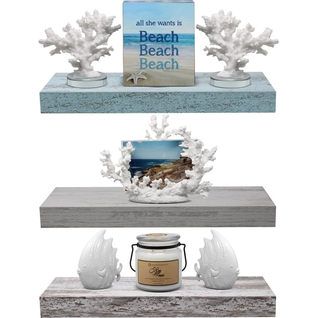 Sorbus Floating Shelf Set - Rustic Wood, Multi Color 3 Pack Floating Shelves. (White, Grey, Green)