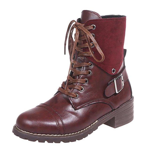 Bottes à Boucle en Cuir Rétro Décontractées pour Femmes d'Automne et d'Hiver, à Talon Bloc, à Lacets, Bottes Funky pour Femmes, Talon Épais, Mi-Mollet, Bottes Rétro pour Femmes, Bottines Courtes