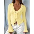 thumbnail image 4 of Women Ruffle Tie Front Cardigan Sweater Long Bell Sleeve Cropped Knit Sweater Top Yellow M, 4 of 7