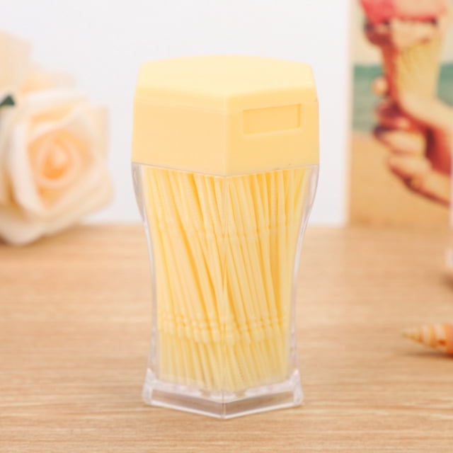 Toothpick, 200pcs double head toothpick for tartar removal, housed in a yellow bottle with a clamshell design. The bottle is compact and stylish, made from food-grade PP material, ensuring hygiene and safety. Ideal for household supplies and disposable tableware, the toothpicks feature a dual-end design with one tapered end and one soft brush end for versatile use.