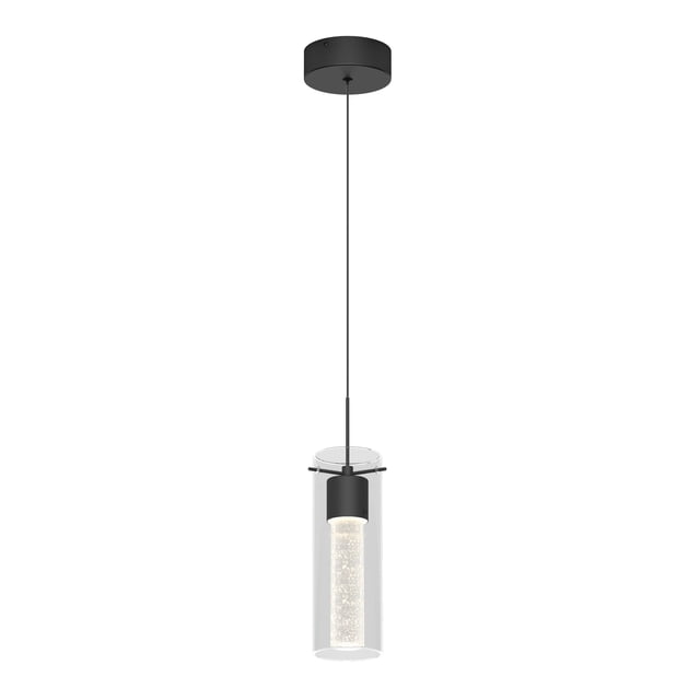 Artika Essence Luminaire Suspendu Moderne à DEL en Noir avec une Finition Noire Mate Élégante et un design à DEL Intégré. Comprend un Abat-Jour Cylindrique en Verre Bulles Suspendu à un Auvent en Acier Noir. Offre 450 lumens de Luminosité à une Température de Couleur de 3000 Kelvins, avec une Durée de Vie de 50 000 Heures. Idéal pour les Salles à Manger Ou les Îlots de Cuisine. Dimensions : 5.12 Po x 5.12 Po x 86.57 Po.