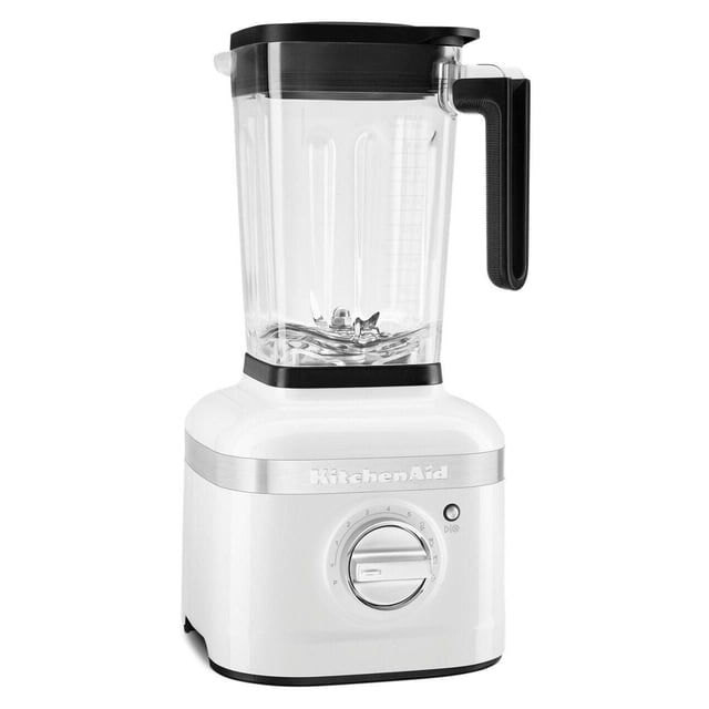 KitchenAid® K400 Blender with white base and stainless steel trim, clear ribbed blending jar with ounce markings and black handle, featuring a 5-speed variable dial and start/pause button for precise blending control.