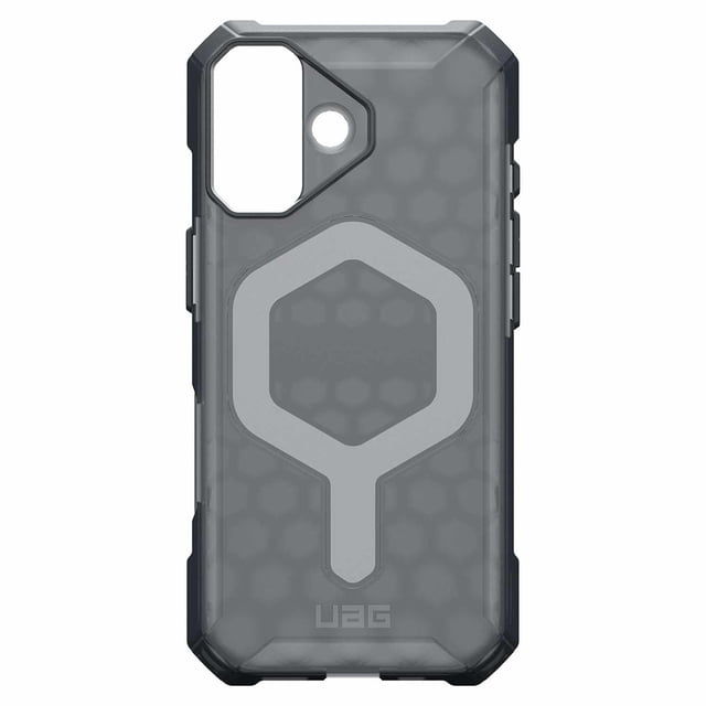 UAG Essential Armor MagSafe Rugged Case Ash for iPhone 17 in translucent ash with hex pattern for shock absorption, built-in MagSafe magnet, raised camera bezel, enhanced corner protection, and oversized tactile buttons. Lightweight co-molded design with embossed UAG logo, compatible with wireless charging and military drop-test standards.
