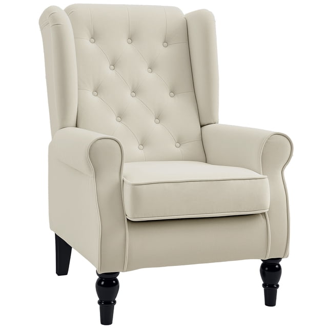 HOMCOM Button-Tufted Accent Chair with Wing Back Rounded Arms in cream white. Perfect for living room seating or accent furniture, it features a high back with button-tufted detailing, rolled arms, and a thick padded seat for comfort. Supported by painted wood legs with non-slip footpads for stability.