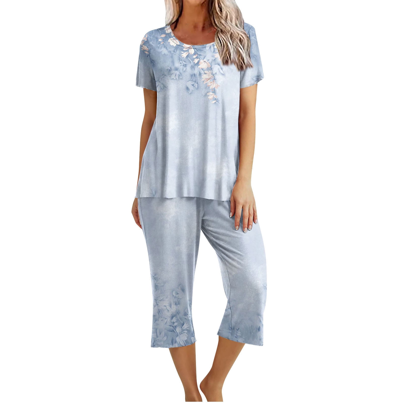 PEZHADA Ensembles 2 Pcs pour Femmes Ensembles Assortis de Détente Deux Pièces Pantalons en Lin Col Ras du Cou Manches Courtes Hauts Vêtements de Détente Pyjamas Vêtements Tendance Ensemble de Vacances d'Été Bleu Pâle