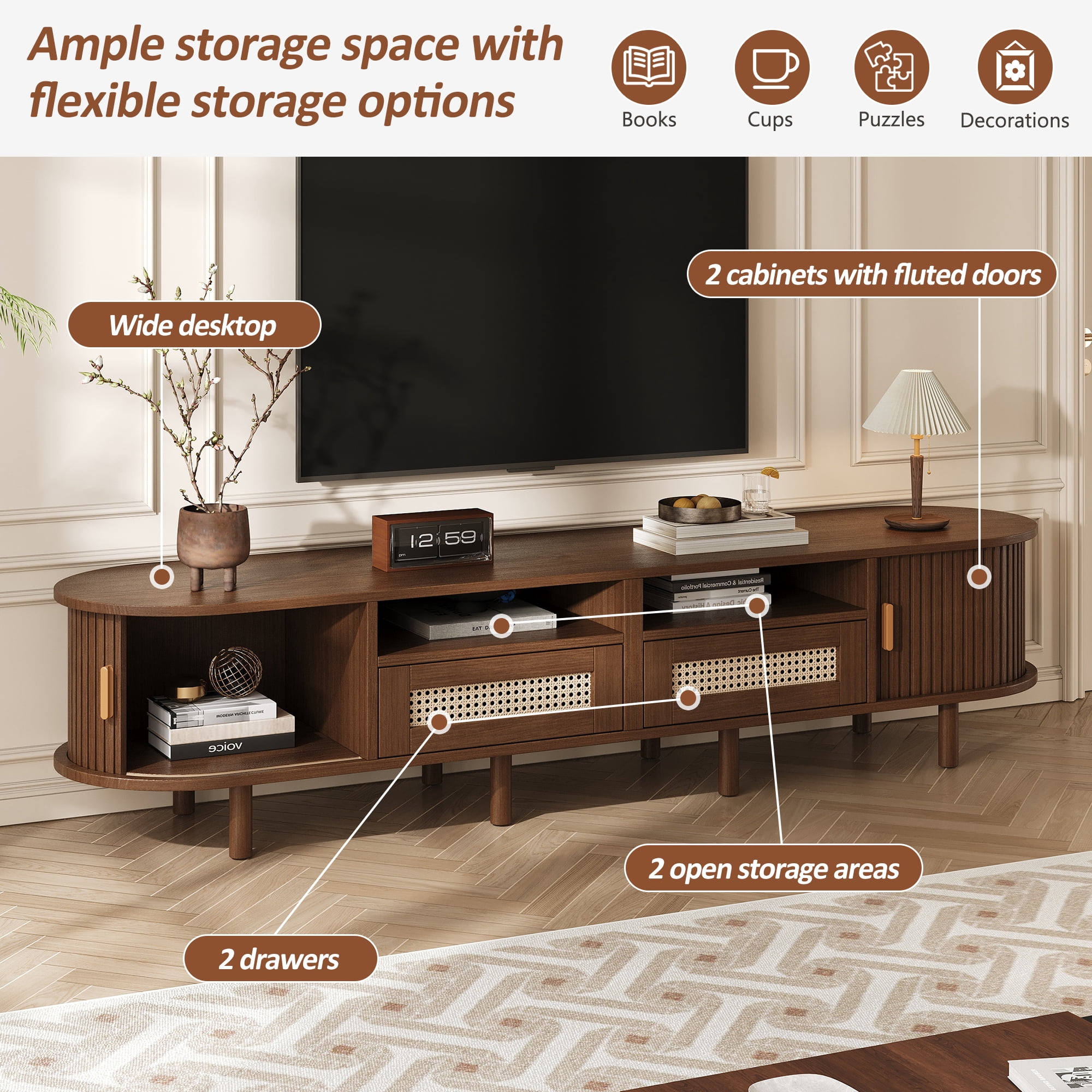 Meuble TV maison Noble 64.9" avec 2 tiroirs en rotin et 2 portes coulissantes, buffet ovale arrondi pour TV 65", noyer
