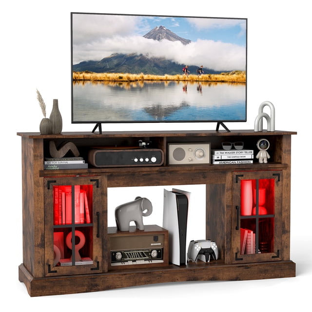 Gymax TV Stand w/LED Lights & Remote Control Storage Cabinets & Adjustable Shelves Brown