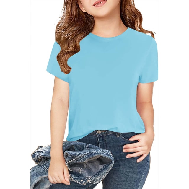 Plebaso Lot de 2 T-Shirts pour Enfants en Coton à Manches Courtes T-Shirts Basiques Décontractés à Col Rond T-Shirts Unis pour Garçons Filles
