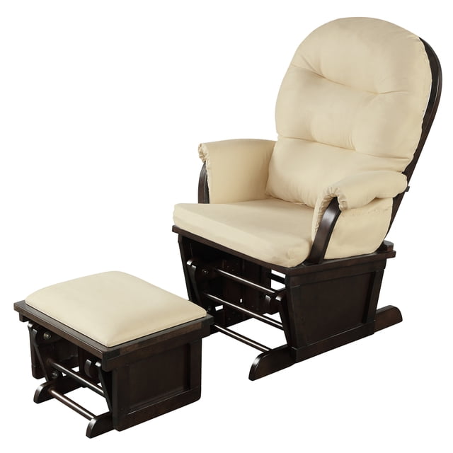 Patiojoy ergonomic rocking chair baby nursery chair glider set with ottoman in light beige. The chair and ottoman feature a sturdy rubber wood and bentwood frame with soft microfiber fabric cushions. Ideal nursery furniture for cradling, napping, or relaxing in living rooms, bedrooms, and nurseries.