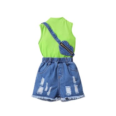 EYIIYE Kids Girls Summer Outfits 4Y 5Y 6Y 7Y Toddler Baby Mock Neck Vest Solid Color Sleeveless Waistcoat Ribbed Knit Tank Tops Ripped Denim Shorts Heart Bag Little Girl Fashion Cool 3Pcs Clothes Set