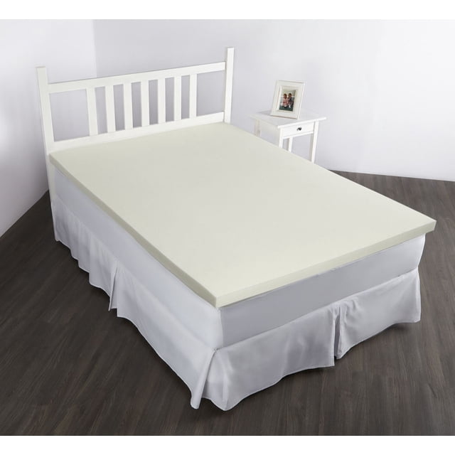 Orthowave™ Ultra 2.0" Memory Foam Mattress Topper Slab in cream color on a twin bed with white wooden headboard and white bed skirt, set on dark wood flooring beside a white nightstand with a framed photo, suitable for improving mattress comfort and support.