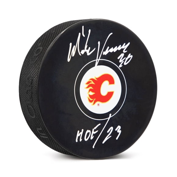 Mike Vernon Rondelle de Hockey des Flames de Calgary Autographiée avec Note HOF