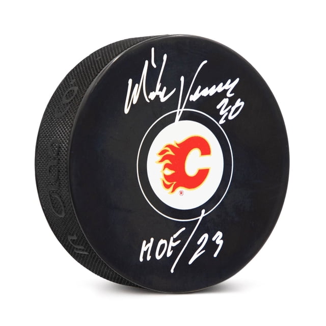Mike Vernon Rondelle de Hockey des Flames de Calgary Autographiée avec Note HOF