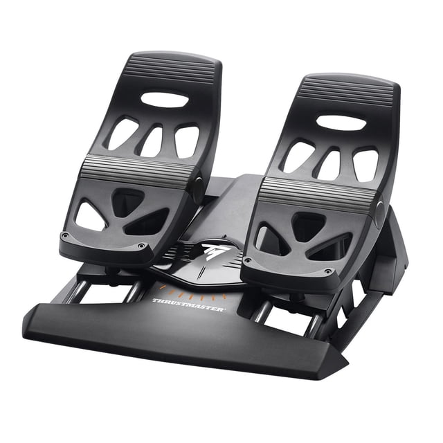 TFRP Rudder (PS4/Windows/PC) showing two large black pedals with ergonomic heel rests and cutouts, mounted on four industrial-grade aluminium sliding rails for smooth differential braking, featuring Thrustmaster branding, compatible with PC and PS4 joysticks.