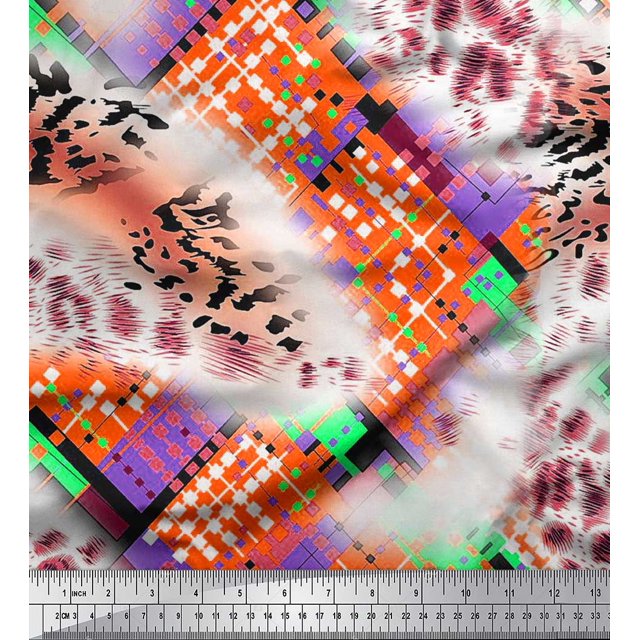 Soimoi Orange Velvet Fabric Geometric & Leopard Animal Skin Decor Fabric Printed Yard 58 Inch Wide
