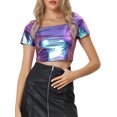 thumbnail image 1 of INSPIRE CHIC Haut Court Métallisé pour Femme à Encolure Carrée, Manches Courtes, Haut Brillant Bleu Violet G, 1 of 5
