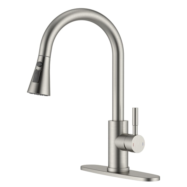 APPASO Robinet de Cuisine avec Vaporisateur à Descente, Fini nickel Brossé, au design Épuré et Contemporain avec Bec Pivotant à 360° et Boyau à Descente de 20 Pouces. Ce Robinet en Acier Inoxydable SUS304 Comprend une Poignée Unique pour un placement à Gauche Ou à Droite, Deux modes de Jet pour Jet et Pulvérisation, et un Aérateur en Nid d'Abeille pour un Débit d'Eau Propre et Sans Éclaboussures. Conçu pour un Montage sur Terrasse à un Seul Trou Ou à Trois Trous, Il Mesure 17.1 x 13.2 x 2.4 Pouces et a une Hauteur de Bec de 8 Pouces avec une Portée de 10 Pouces