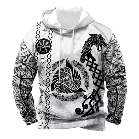 LUOGENLI Hoodies for Men Carhartt White European Norse Mythology Hooded Retro Casual Printed Hooded Sweatshirt Hoodies for Men Packers White Size M