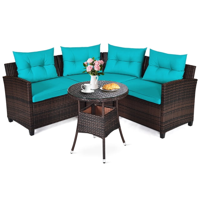 Patiojoy 4PCS Outdoor Patio Conversation Set featuring a wicker rattan sectional sofa with turquoise cushions and a round coffee table with a tempered glass top. The set includes a left armrest chair, right armrest chair, middle sofa, and coffee table, all made of steel and hand-woven PE rattan in a dark brown finish. The turquoise cushions are removable with zippered covers for easy cleaning. Suitable for outdoor spaces like patios, balconies, and poolside areas.