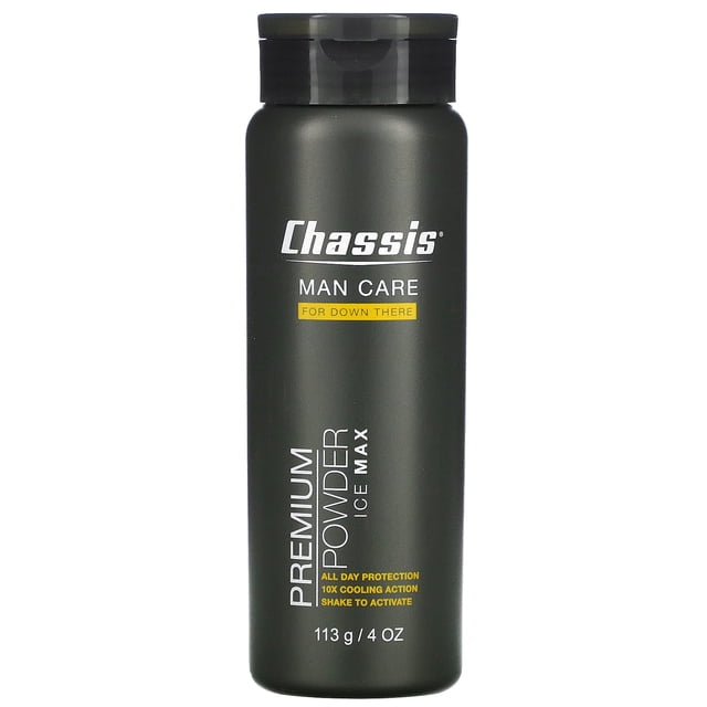 Chassis Man Care Premium Powder Ice Max, 4 oz (113 g) bottle. Designed for all-day protection with 10x cooling action, this talc-free body powder helps prevent chafing, eliminate odor, and soothe skin. Features a power extract blend of hops, pumpkin seed, aloe, witch hazel, and oatmeal. Dermatologist tested and suitable for use with Chassis Shower Primer.