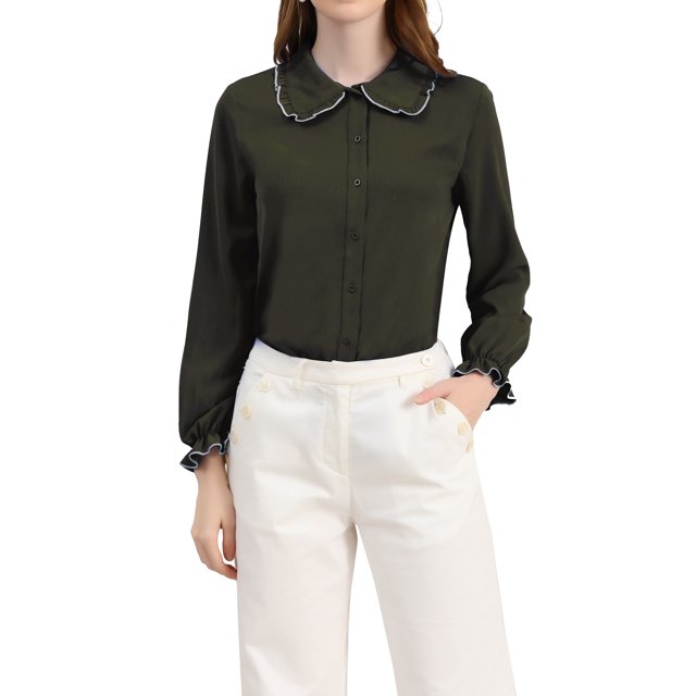 INSPIRE CHIC Women's Sweet Ruffle Peter Pan Collar Button up Work Shirts M Army Green