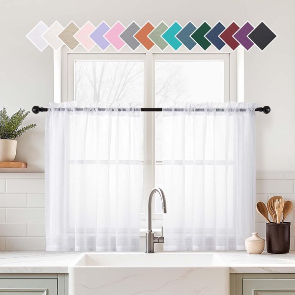 Ebesto White Sheer Curtains Tier 36 Inches Length 2 Panels Set, Light Filtering Lightweight Soft Window Treatments Drapes, Cute Elegant Cafe Curtains for Nursery, Dual Rod Pocket, 2x42Wx36L Inches