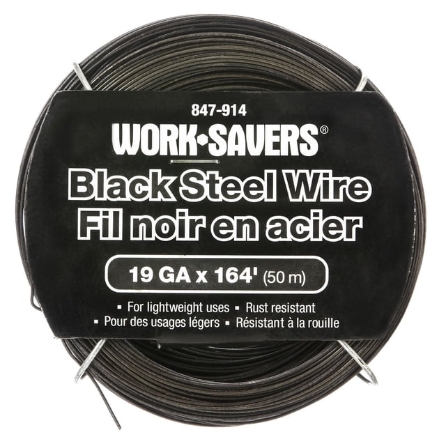 Work Savers Black Steel Wire, 19 gauge by 164 feet (50 m), rust resistant and lightweight, tightly coiled with a black finish and secured with metal ties, ideal for crafting, fastening, and fence repair projects.