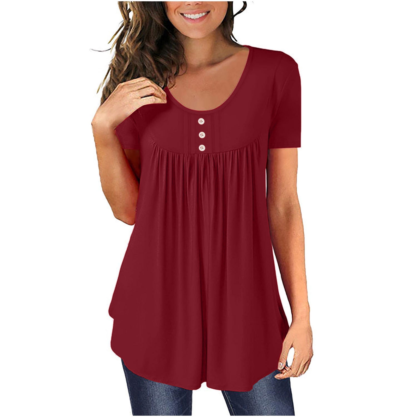 SMihono Hauts pour Femmes Été Décontracté Chic T-Shirt d'Été Uni Col Rond Boutonné Plissé Manches Courtes Oversize pour Femmes