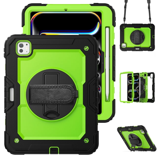 XYX For iPad Pro 11 inch Case 2024 (M4), 360 Rotating Shockproof Cover with Stand, Screen Protector, Shoulder Strap, Lime PC